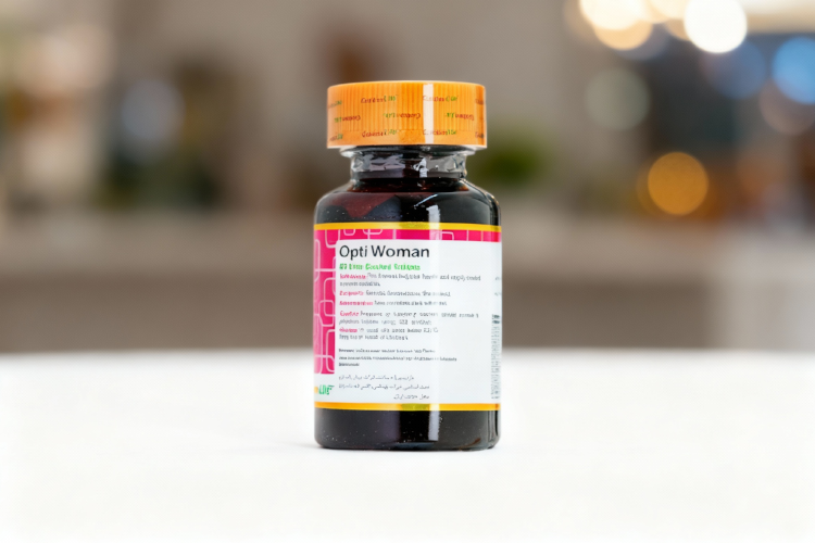 بهترین زمان مصرف قرص اپتی وومن با تصویر محصول روی سطح سفید